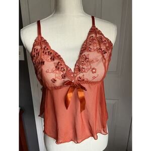 Daisy Fuentes Sheer Floral Embroidered Lingerie Top Orange Sequins Size L Large